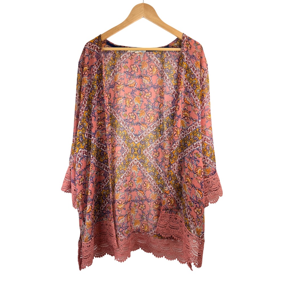 Jolt Pink Floral Crochet‎ Lace Kimono Cardigan Women L Lightweight Sheer Beach